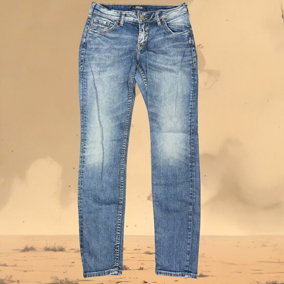 Silver Jeans SAM Women’s Skinny Jeans 27x29 Blue Mid Rise Faded Distressed - Picture 1 of 9